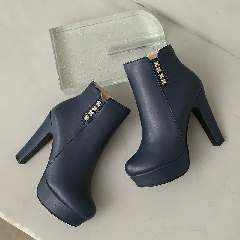 Damen-Stiefeletten mit Kristallblumenmuster, hohem Absatz und Reißverschluss für den Winter