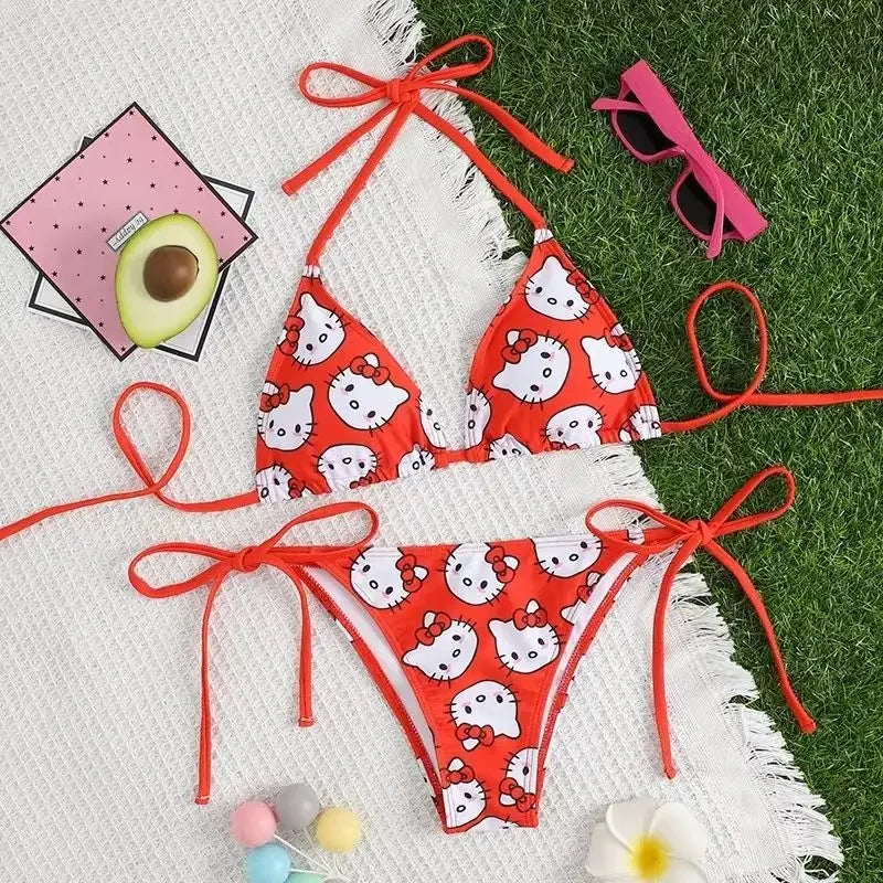 Kawaii Cosplay Two-Piece Bikini with Cat Print – Kuromi Y2K