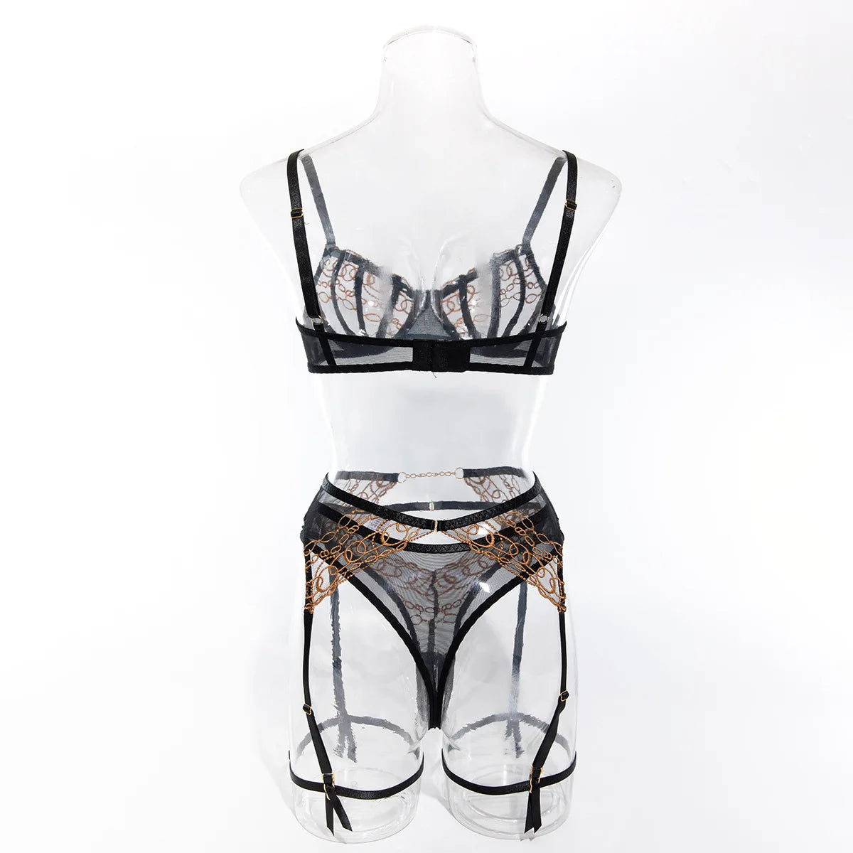Toucheart 4-teiliges Dessous-Set, Gold und Schwarz Spitze
