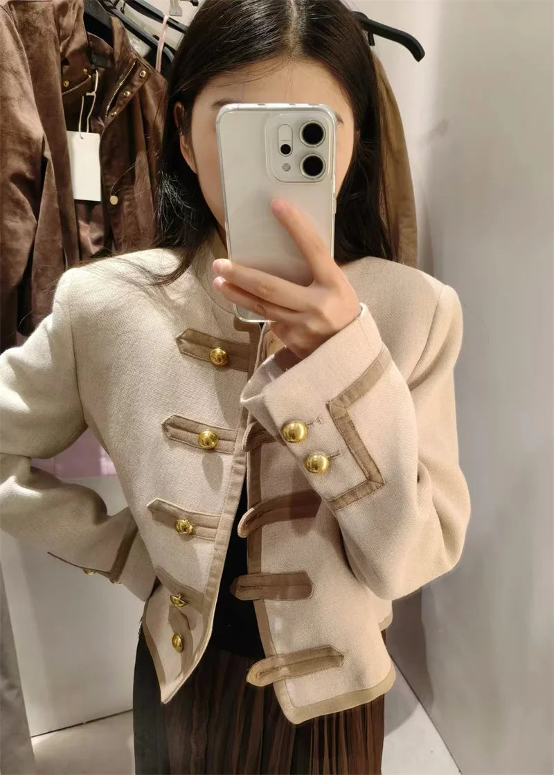 Guobioziy Veste Khaki Col Montant Napoléon Boutons