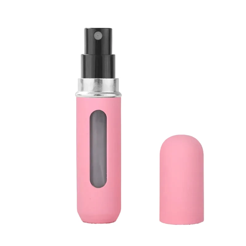 Vaporisateur de parfum rechargeable 5ml portable, corps rose avec fenêtre et bouchon noir