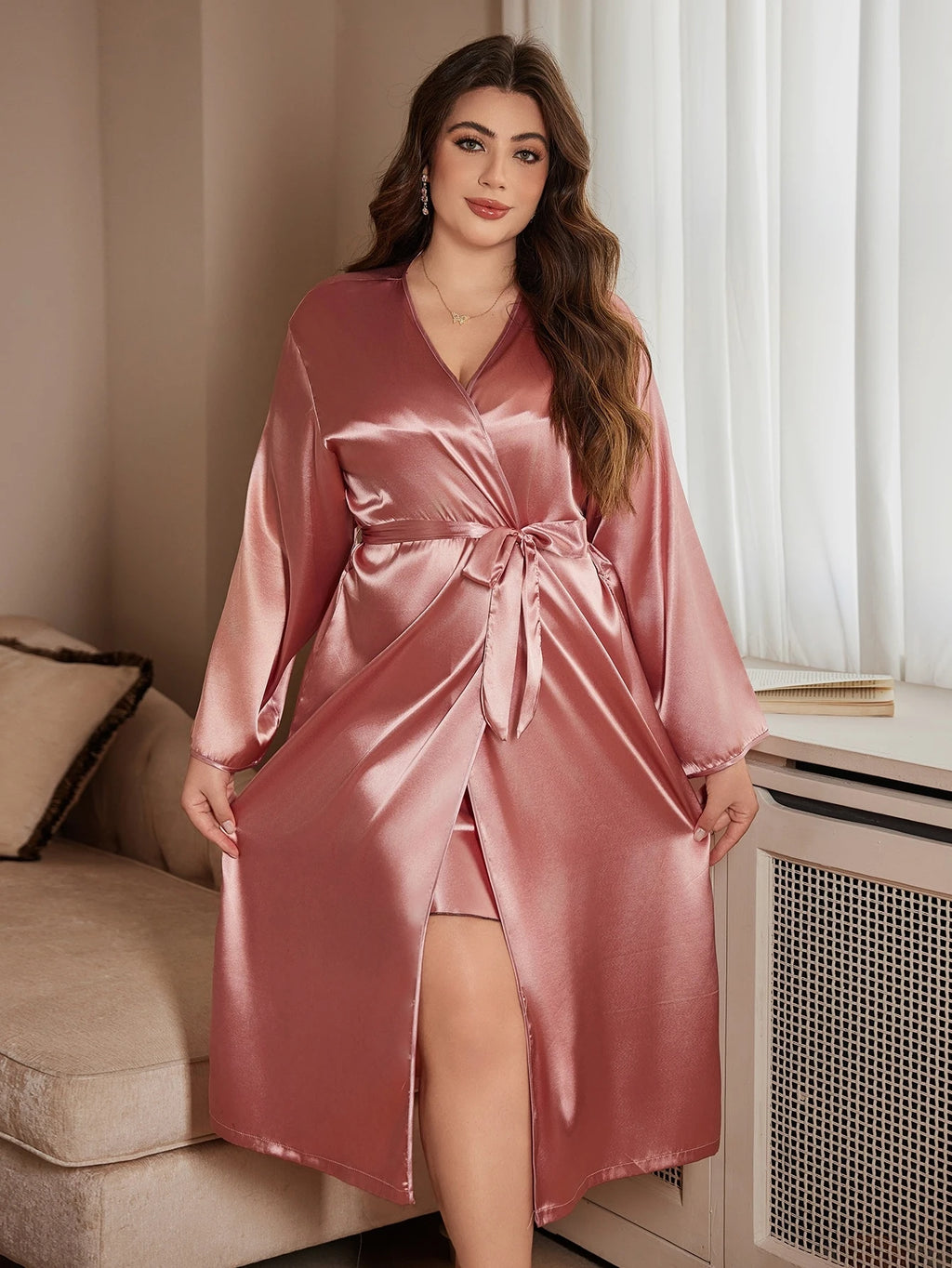 Chemise de Nuit Satin Polyester Rose Grande Taille