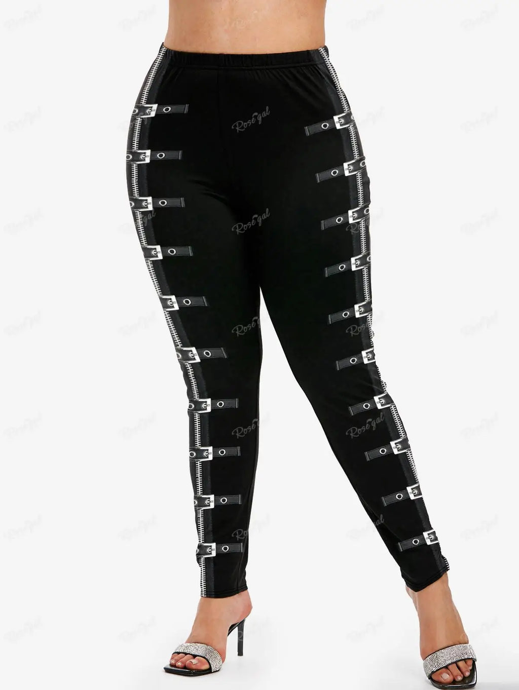 Gothic Leggings in Übergröße 5XL, bedruckte Schnallen, 3D-Reißverschluss, Pink