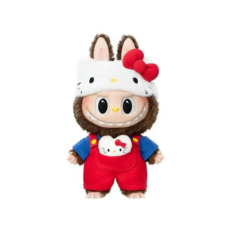 Peluche Labubu Hello Kitty – POP MART, peluche vinyle 38 cm; brun avec bonnet blanc et nœud rouge