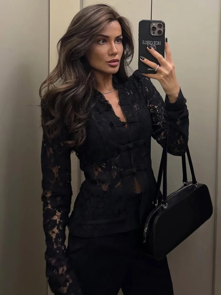 Tossy Chemise Dentelle Imprimée Transparente Écru Manches Longues