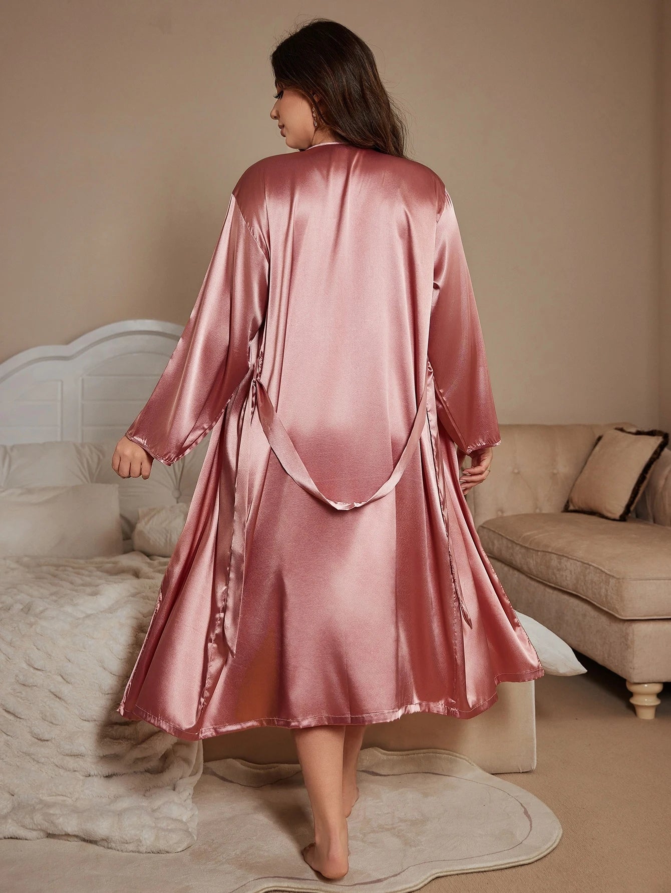 Chemise de Nuit Satin Polyester Rose Grande Taille