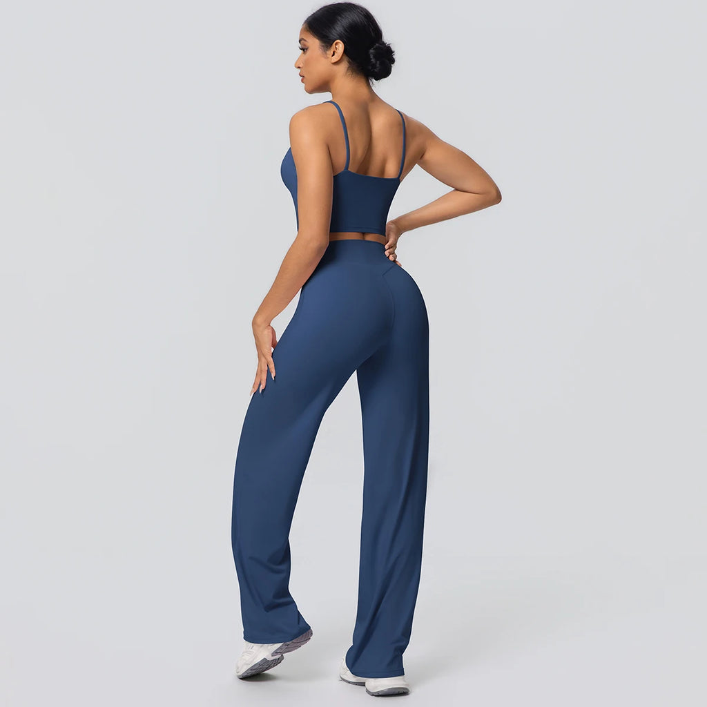Ensemble Sport Femme Bleu Clair Dos Nu Bretelles Pantalon Taille Haute