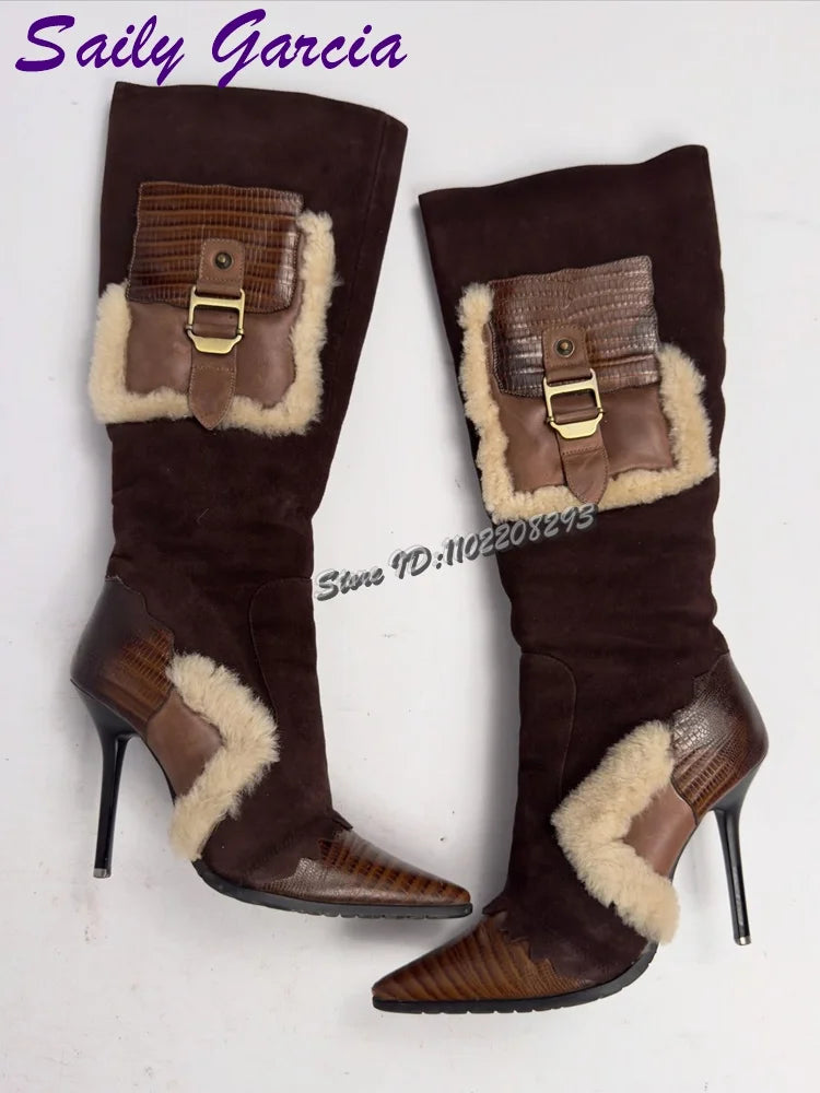 Saily Garcia Bottes Hautes Marron Patchwork Fourrure Bout Pointu Talon Aigu