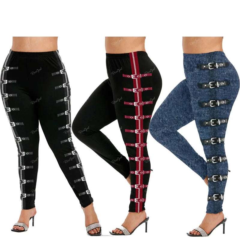 Gothic Leggings in Übergröße 5XL, bedruckte Schnallen, 3D-Reißverschluss, Pink