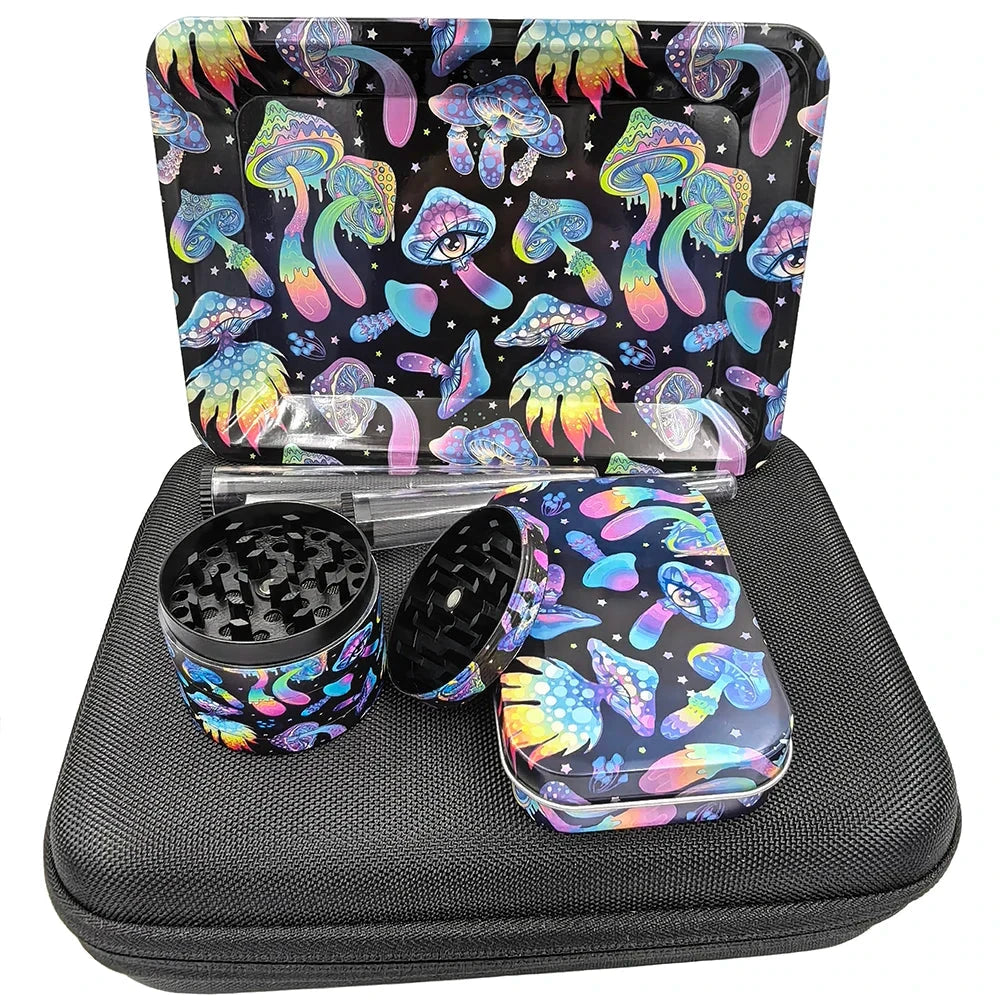 Grinder métal 50 mm LSDLBoutique – kit 5 pièces avec rangement et étui décoratif motif champignons