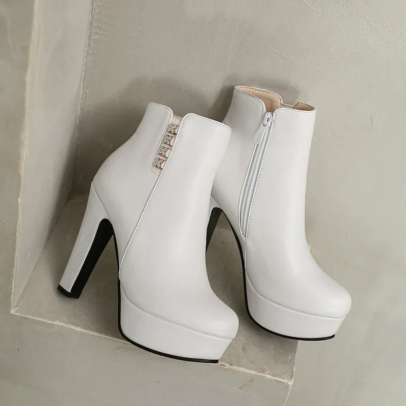 Damen-Stiefeletten mit Kristallblumenmuster, hohem Absatz und Reißverschluss für den Winter