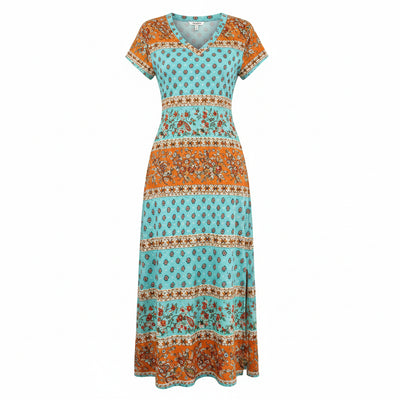 Bohemian Floral Maxi Dress – V-Neck, Short Sleeves, Side Slit