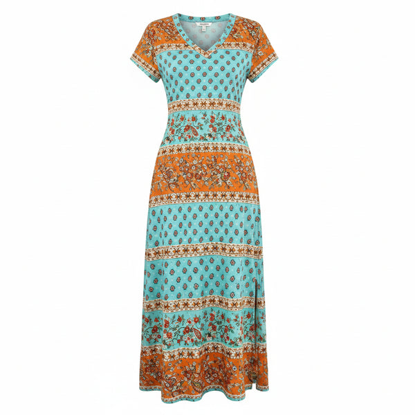 Women's Bohemian Floral Long Dress, V-Neck, Short Sleeve, Side Slit, Casual, for Beach and Travel