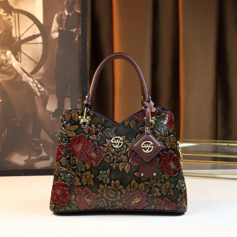 Sac à main LSDLBoutique rétro sculpté floral, tissu brodé sombre, poignée bordeaux