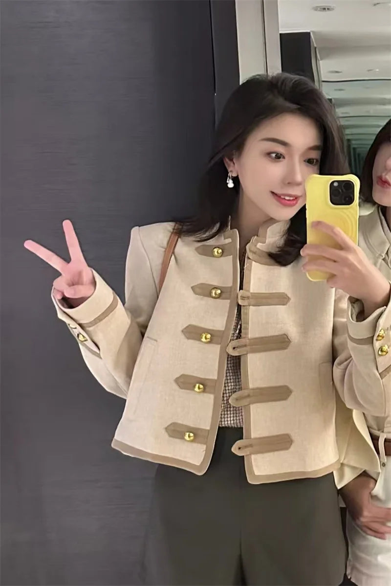 Guobioziy Veste Khaki Col Montant Napoléon Boutons