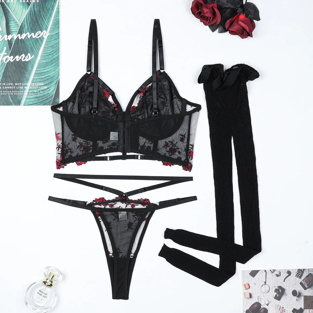 Diccvicc Korsett-Set mit floraler Spitze, Bandagen-Dessous, Schwarz Rot
