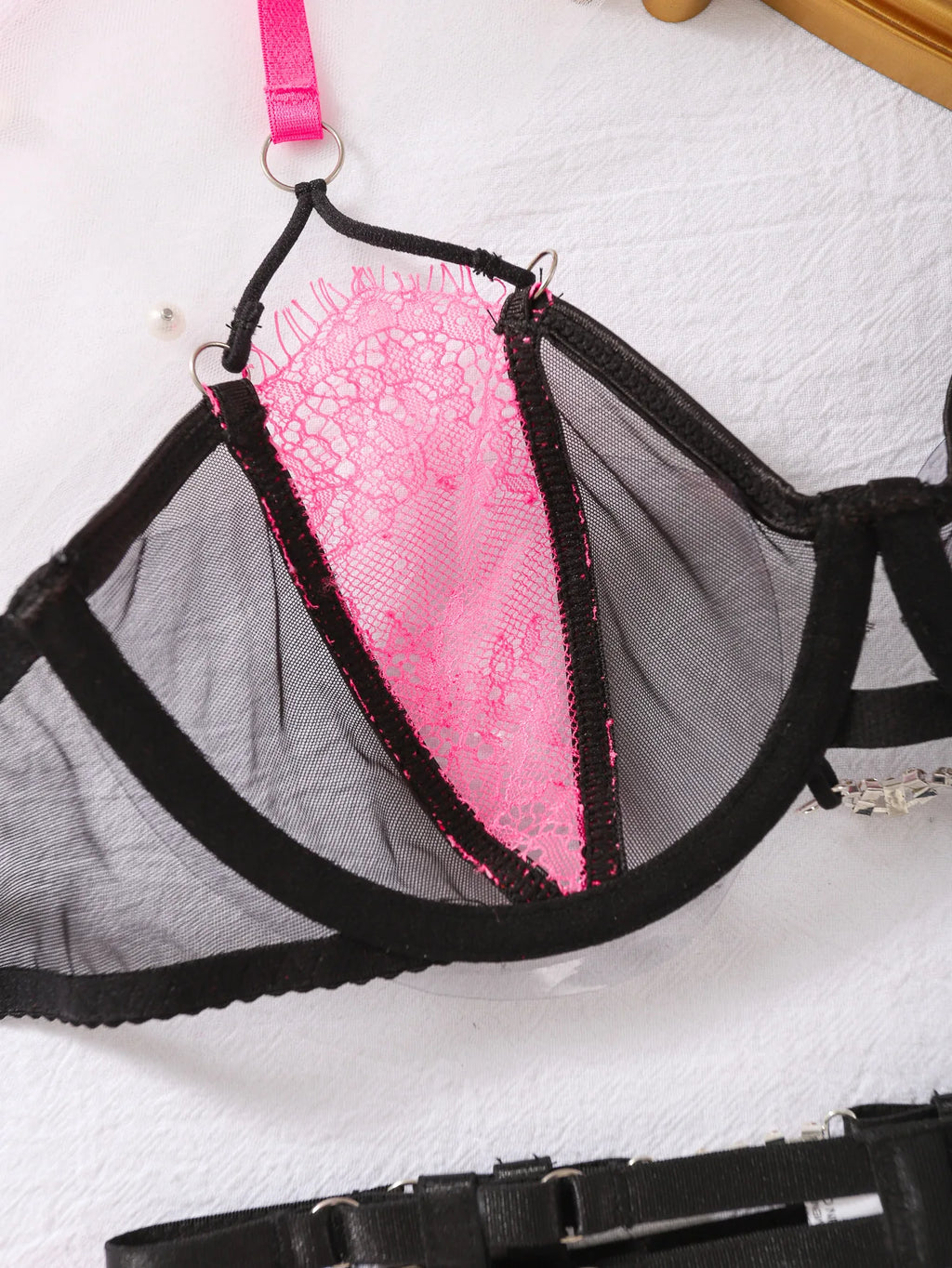 SMPG Ethisches Mesh-Dessous-Set, Rosa und Schwarz, Träger
