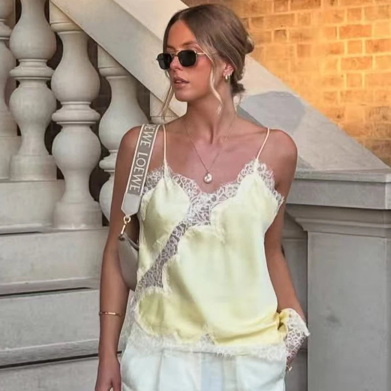 HXAO Camisole À Bretelles Satin Polyester Dentelle Jaune Pâle