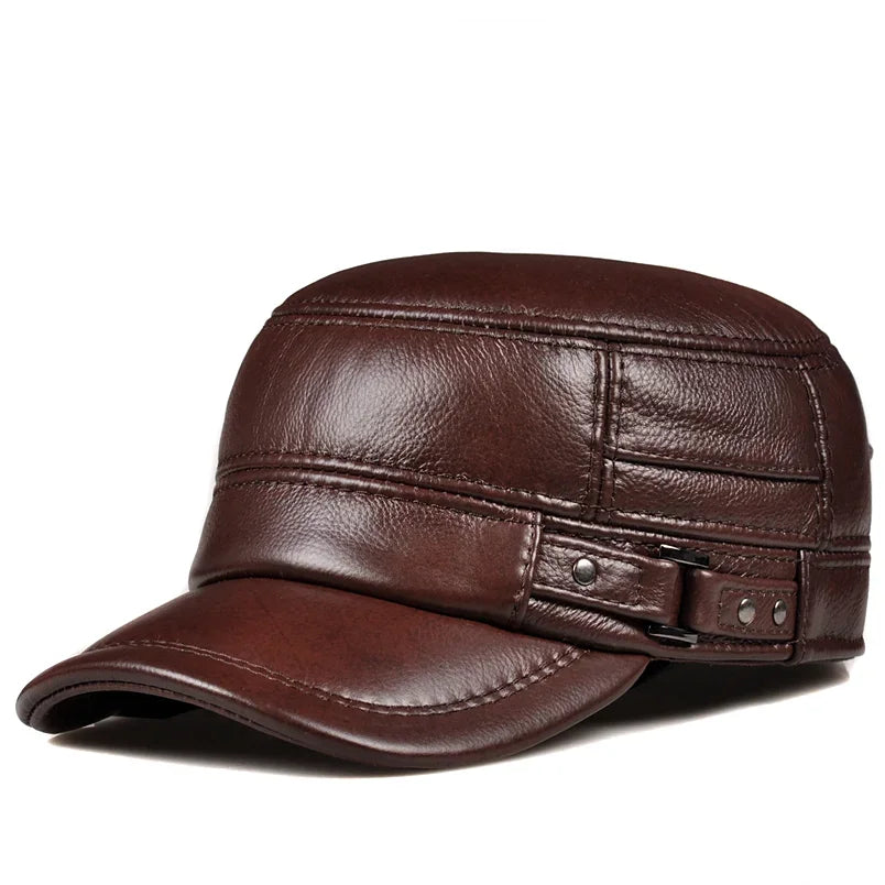 LKSORL Casquette Hiver Cuir Véritable Marron Militaire