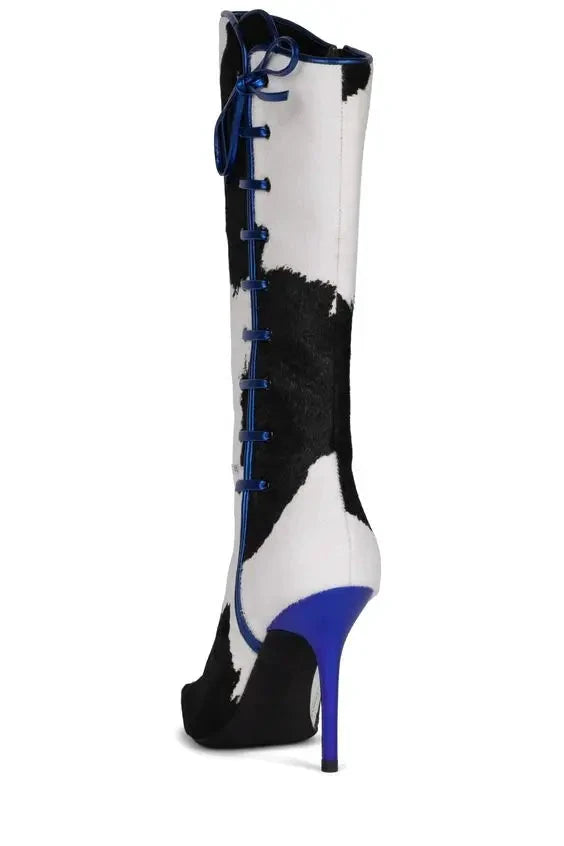 Halbhohe Stiefel, weißes und schwarzes Leder, seitlicher Reißverschluss, blau