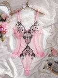 Rosa Dessous-Body mit floraler Stickerei – figurformender Mesh ohne Ärmel