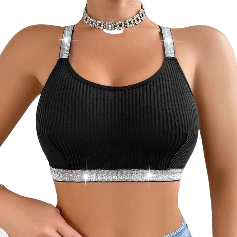 Schwarzes, geripptes Push-up-Bralette mit offenem Rücken und silbernen Trägern