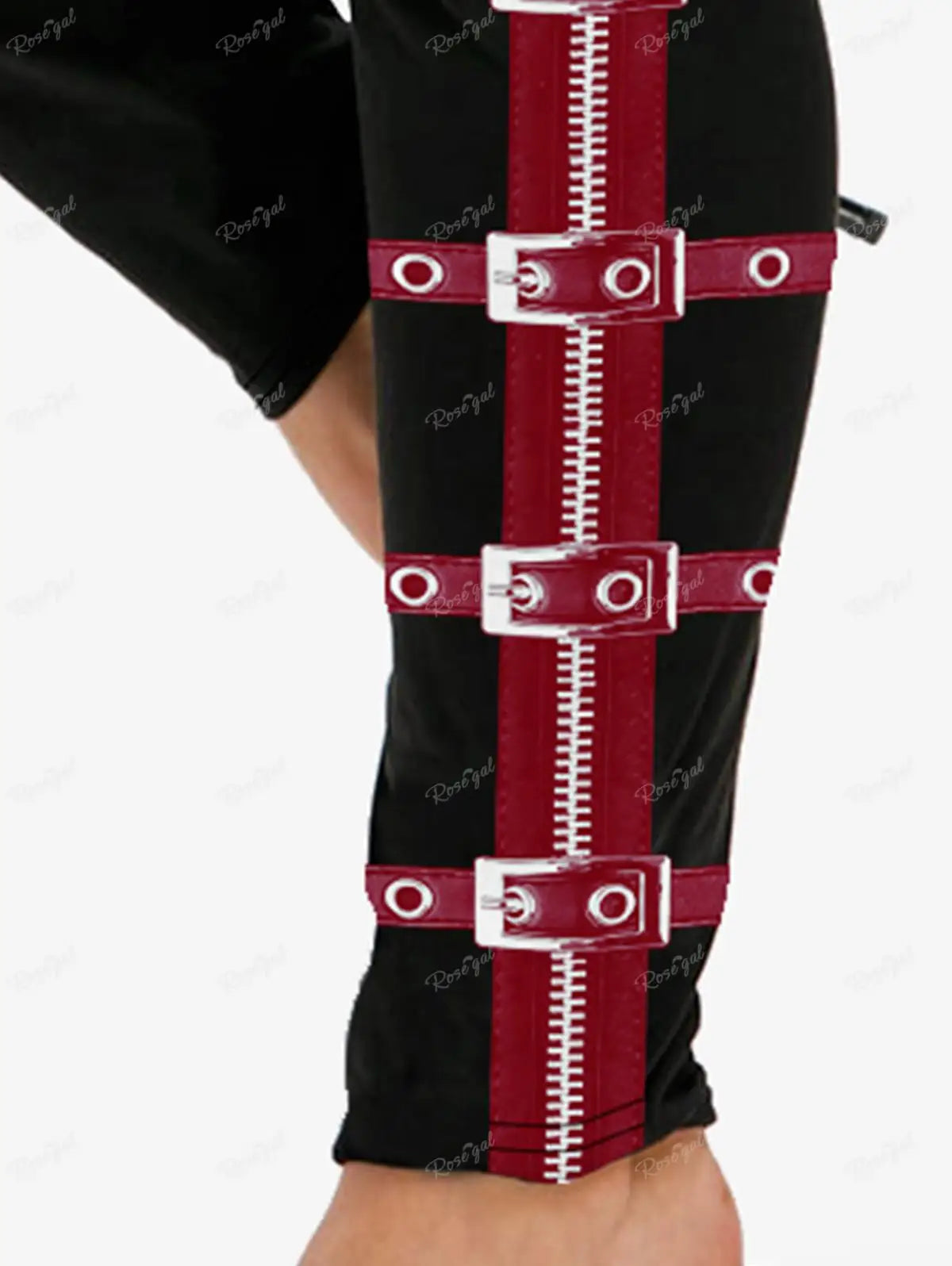 Gothic Leggings in Übergröße 5XL, bedruckte Schnallen, 3D-Reißverschluss, Pink