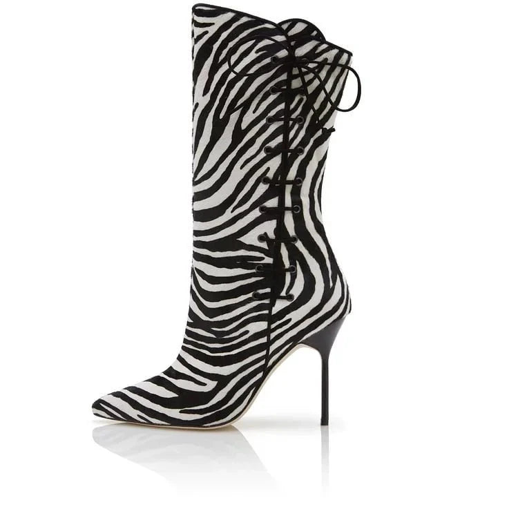 Halbhohe Stiefel, weißes und schwarzes Leder, seitlicher Reißverschluss, blau