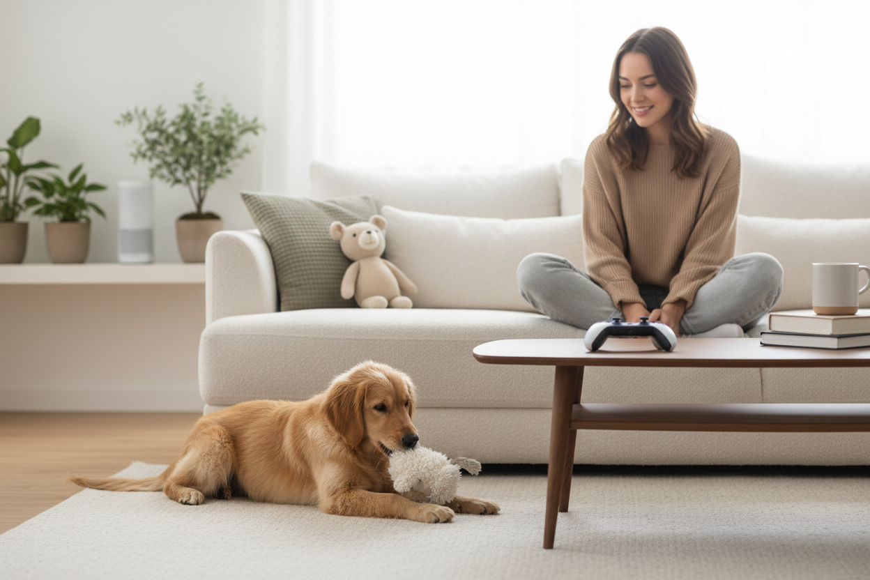 A lifestyle scene representing leisure and everyday enjoyment: a bright, modern interior with a cozy atmosphere. A relaxed young woman sitting on a sofa with a playful dog nearby, soft plush toys subtly placed, a game controller resting on a coffee table, and a minimalist electronic gadget visible in the background. Natural light, warm neutral tones, clean and elegant aesthetic, contemporary lifestyle photography, realistic, premium feel, shallow depth of field, no text, no logo, no brand, calm yet playful 