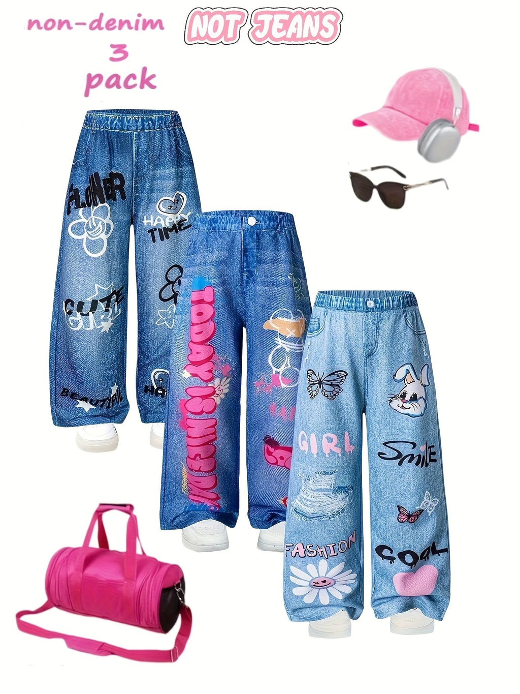 Not Jeans Mädchen-Lange Hosen, 3er-Pack, Graffiti-Buchstaben und Blumen