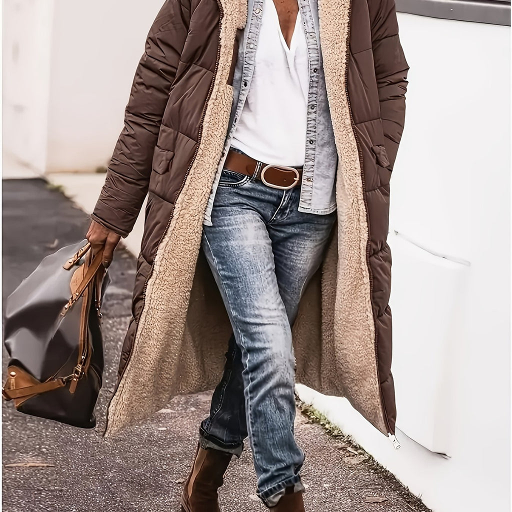 Manteau Femme Hiver Long Doublé Thermique À Capuche Poches Beige Marron Taupe Chaud by LSDLBoutique.ch