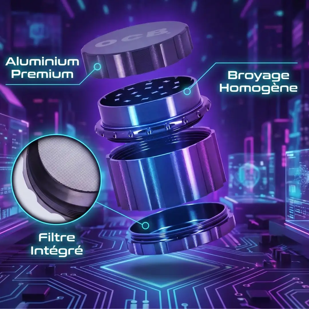 OCB grinder aluminium 4 parties Revolver 50 mm, couleur bleu-violet, filtre intégré