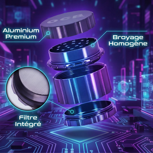 OCB grinder aluminium 4 parties Revolver 50 mm, couleur bleu-violet, filtre intégré