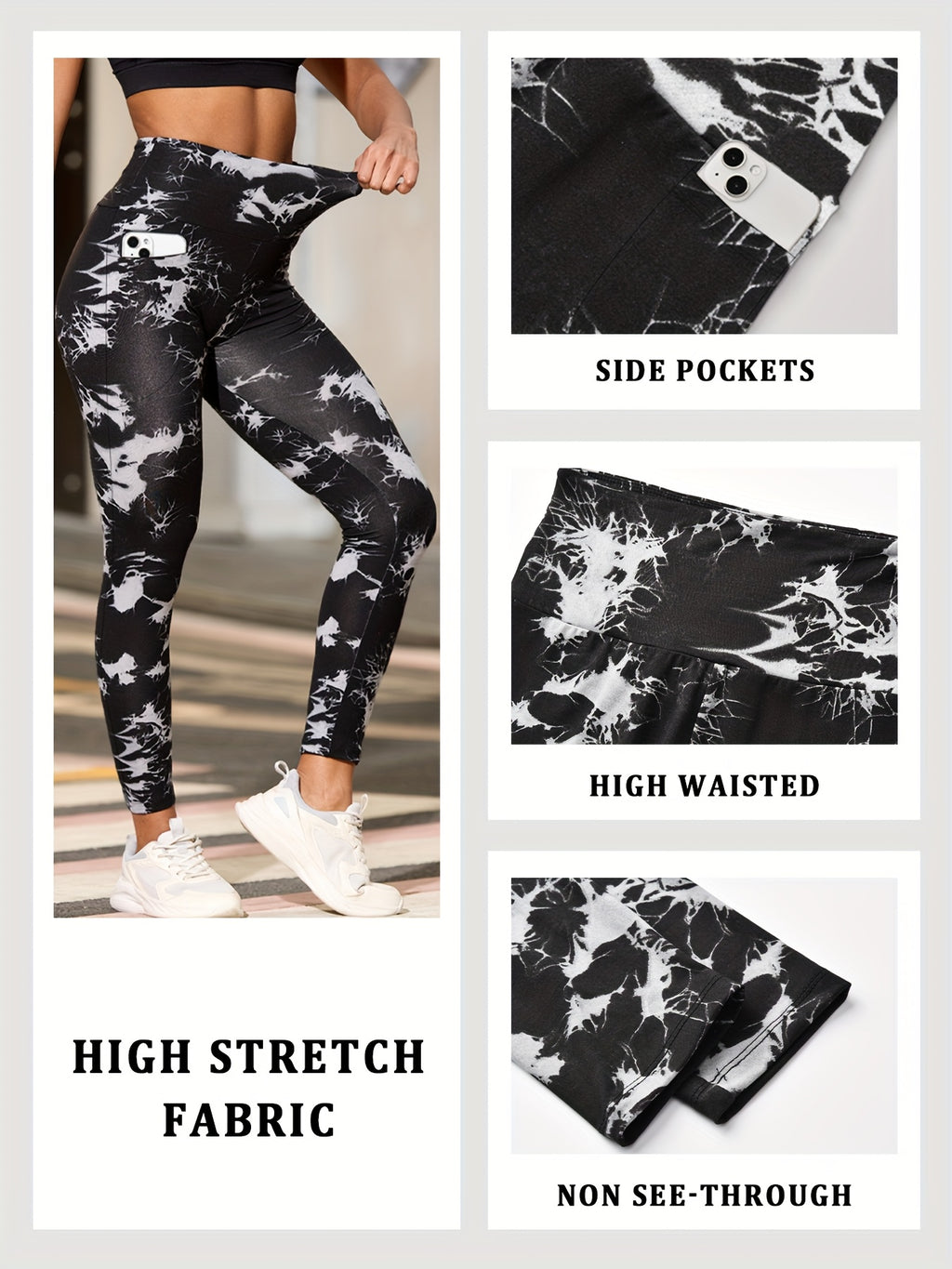 Lot De 3 Leggings Femme Taille Haute Avec Contrôle Du Ventre Imprimé Tie Dye Poches Stretch Opaques by LSDLBoutique.ch