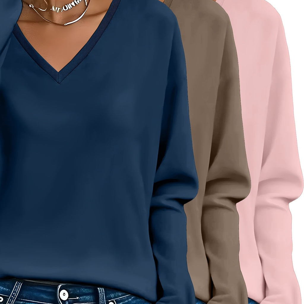 Lot de 3 Pulls Femme Col V Manches Longues 100 Pour Cent Coton Style Casual Élégant by LSDLBoutique.ch
