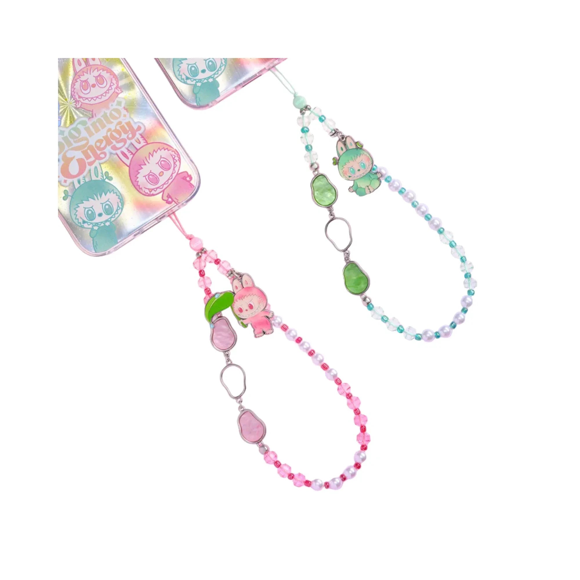 Porte-clé Labubu Big Into Energy par Mon Labubu, 2 chaînes de téléphone en perles roses et vert menthe avec charms