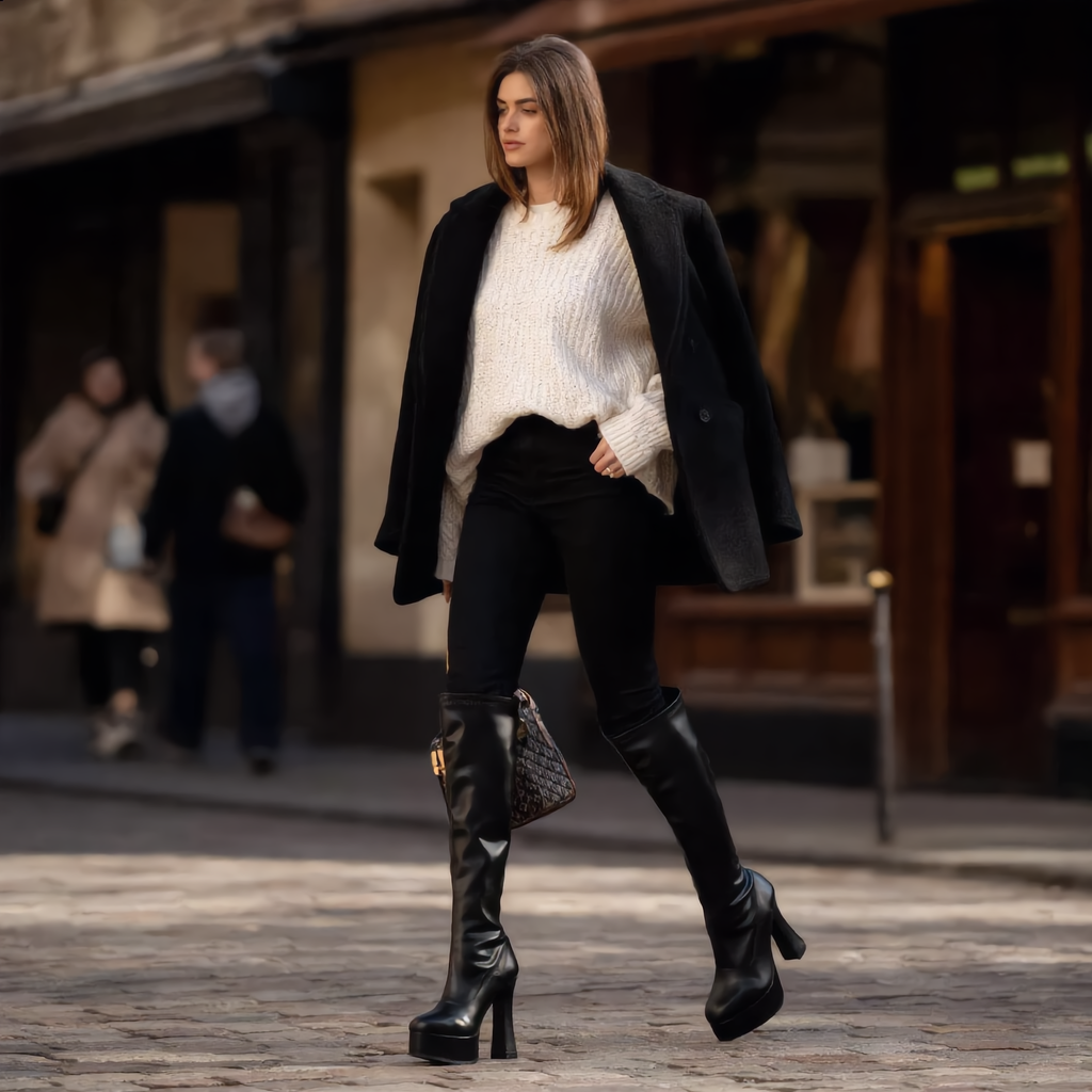 Damen-Overknee-Stiefel – Blockabsatz und Plateau