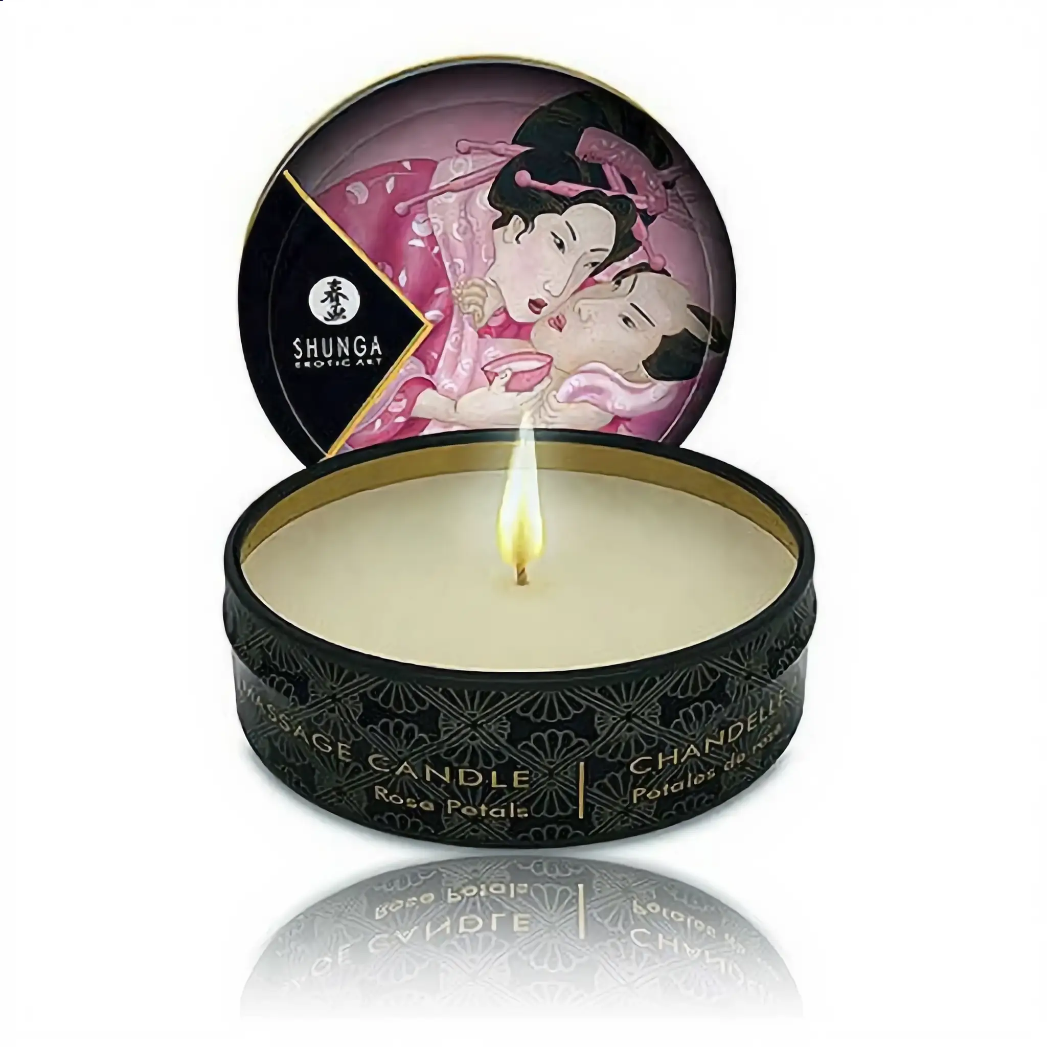 Bougie de massage Shunga Roses, 30 ml, pot noir orné d’une illustration japonaise et du logo Shunga