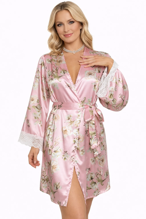 Les Secrets de Léa – Pyjama satin dentelle imprimé floral avec kimono – Laly