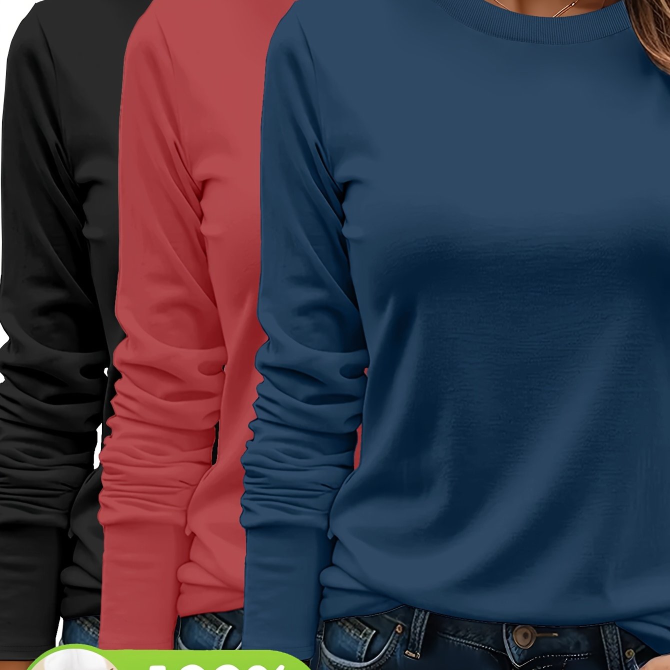 Lot De Trois T Shirts Femme Manches Longues Col Rond Coton 100 Pour Cent Confort Casual Basique by LSDLBoutique.ch