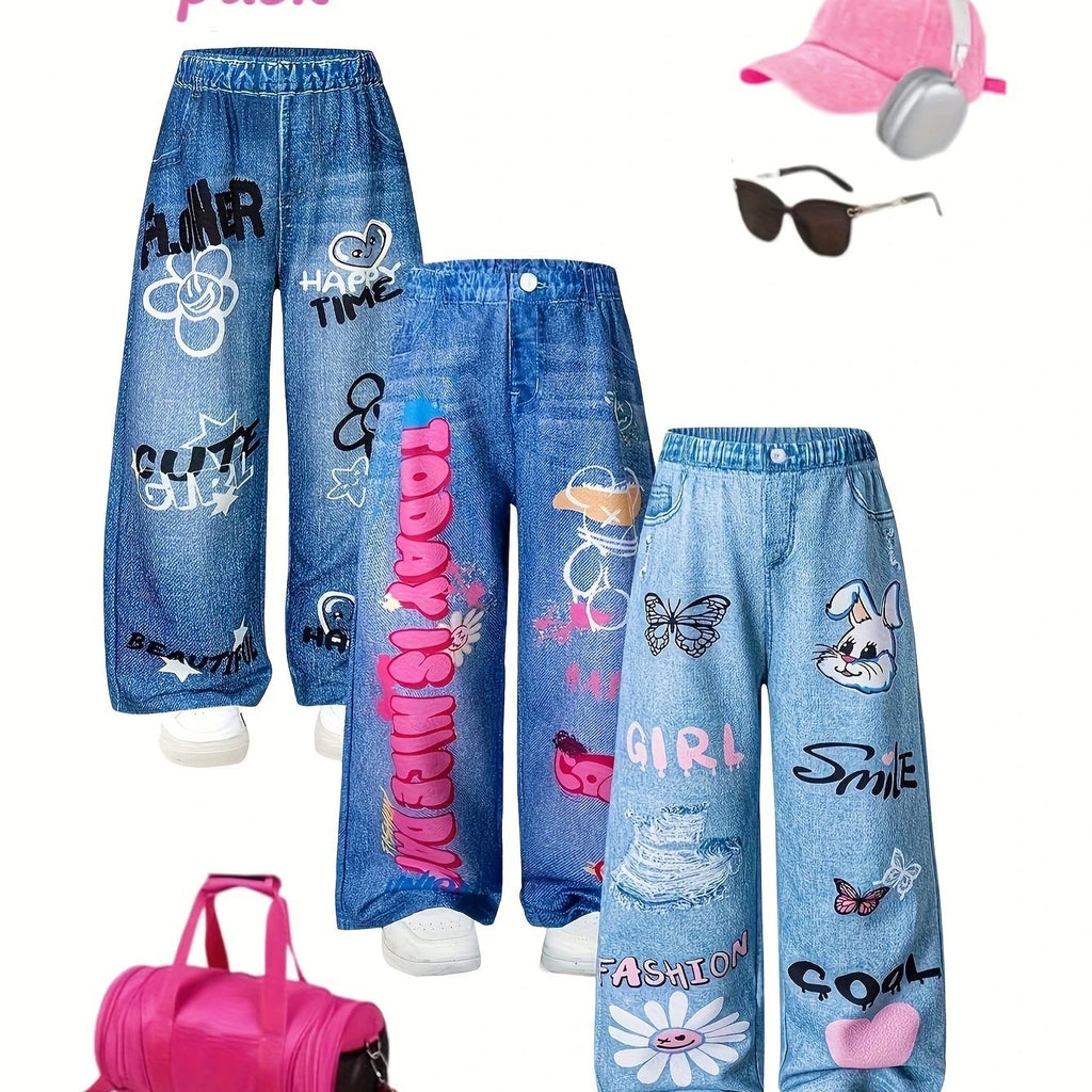 Not Jeans Mädchen-Lange Hosen, 3er-Pack, Graffiti-Buchstaben und Blumen