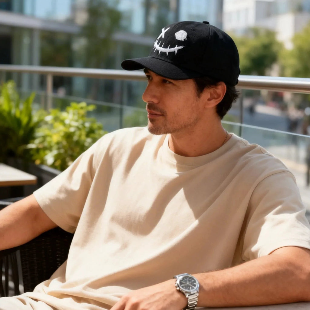 Casquette Hip-Hop Noire à Smiley Brodé, snapback noir avec broderie sourire