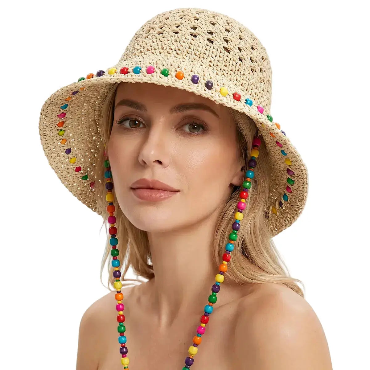Chapeau seau en polyester tressé, naturel avec bord perlé multicolore et cordon perlé LSDLBoutique