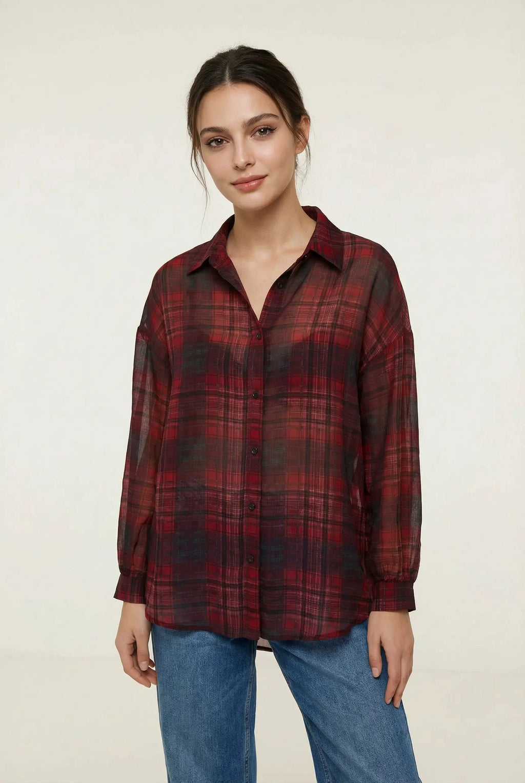 Rot-schwarz kariertes Langarm-Sonnenschutzhemd