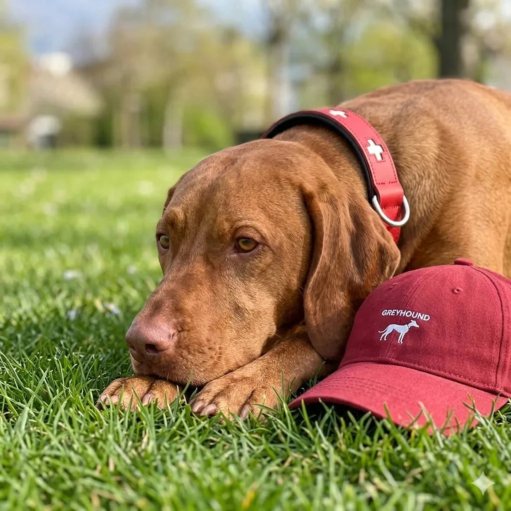 Collier pour chien en cuir rouge Hunter (35–43 cm) sur pelouse; casquette rouge Greyhound à côté (2 objets visibles)