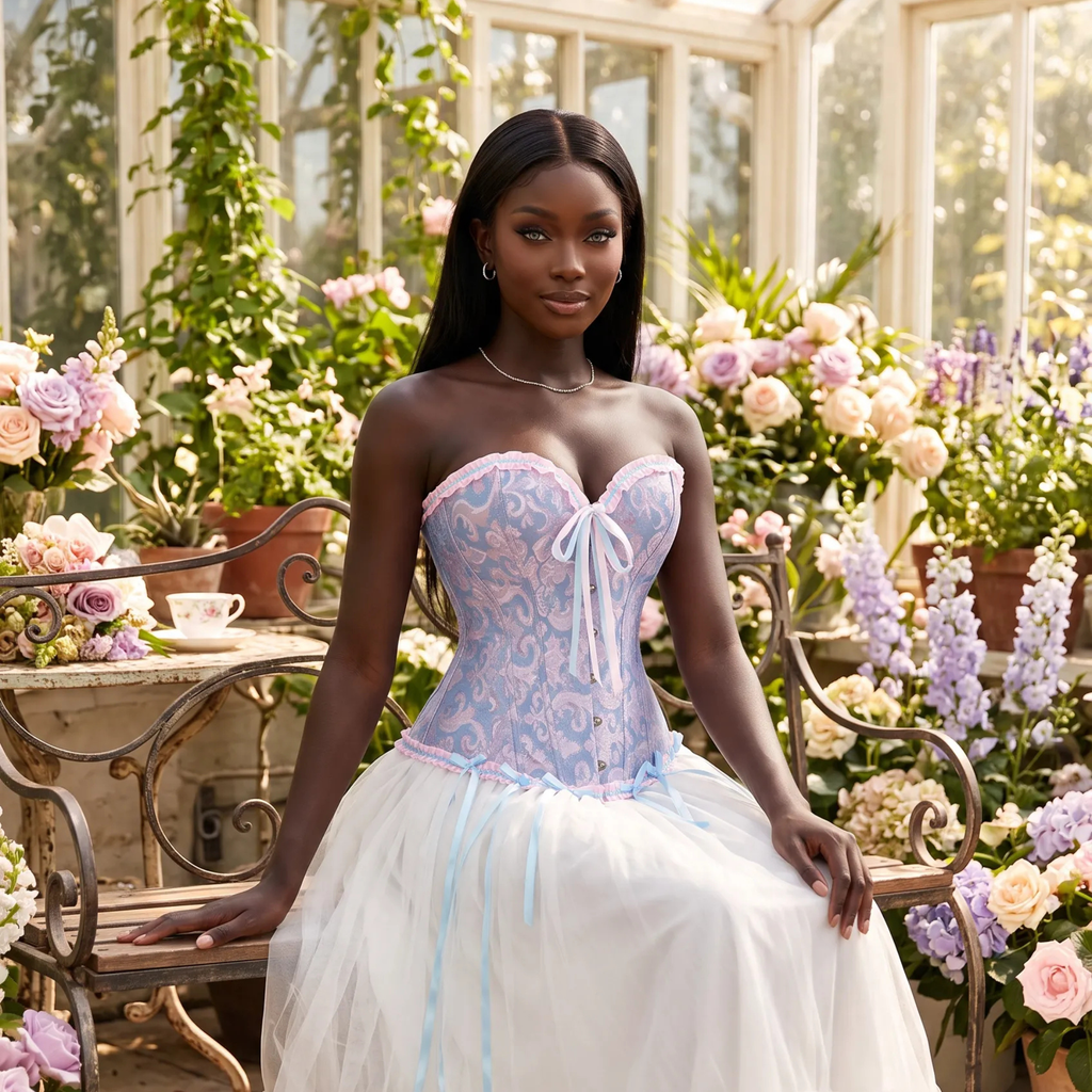 Victorian Floral Jacquard Corset – Front Busk Closure