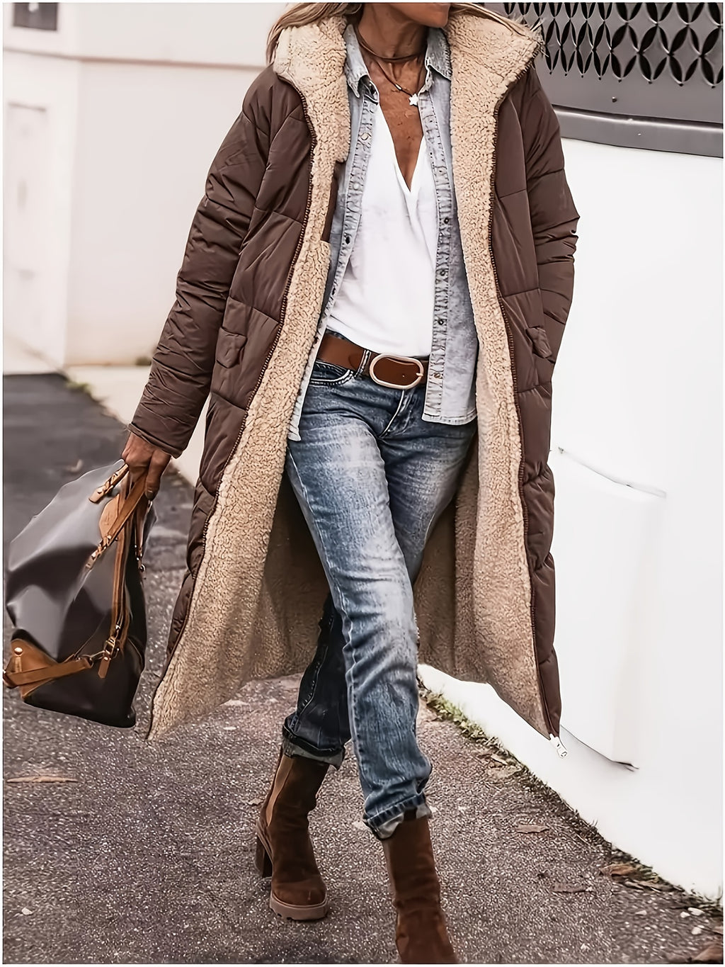 Manteau Femme Hiver Long Doublé Thermique À Capuche Poches Beige Marron Taupe Chaud by LSDLBoutique.ch