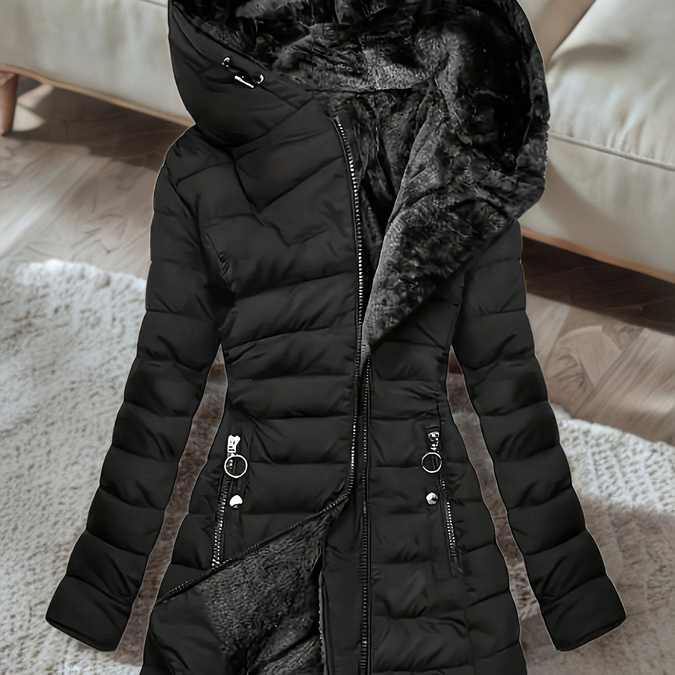 Veste Hiver Femme Doublée Polaire Mi Longue Zippée À Capuche Coupe Ample Pour Journées Froides by LSDLBoutique.ch