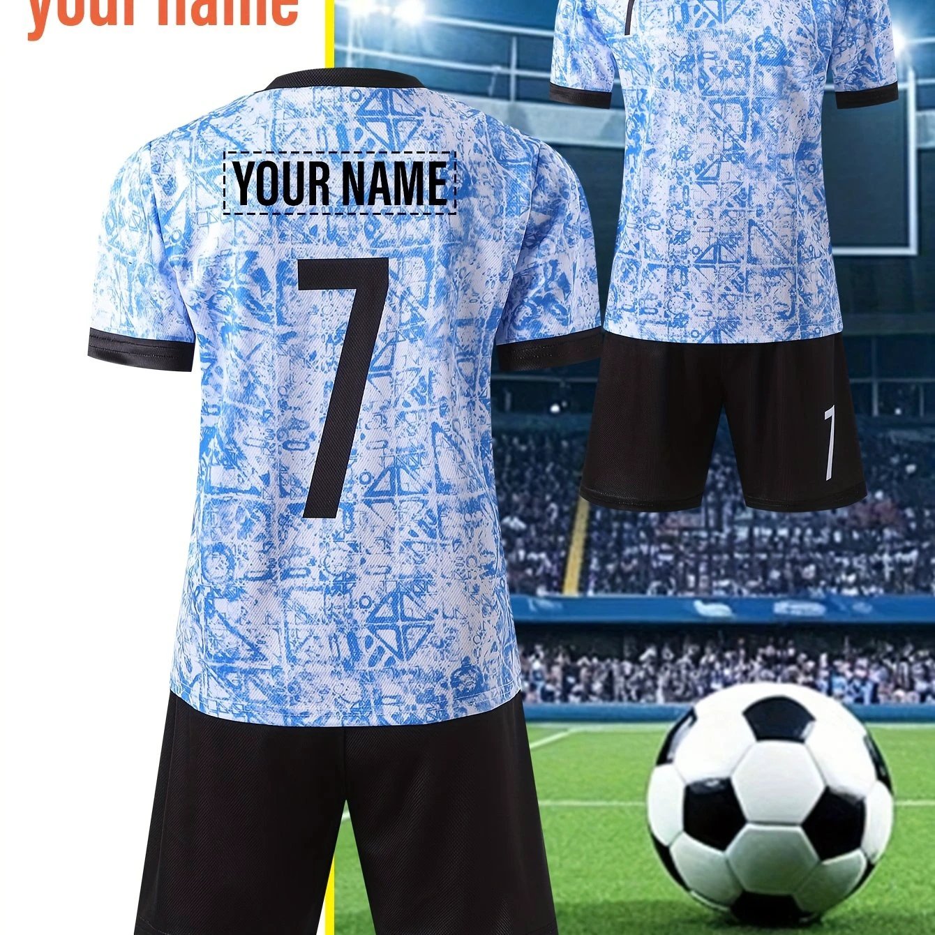 Personalisierbares Fußballtrikot und Shorts für Kinder – Hellblau