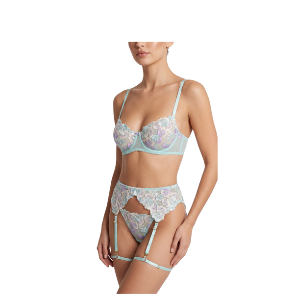 Blumenspitzen-Dessous-Set — BH, String & Strumpfhalter